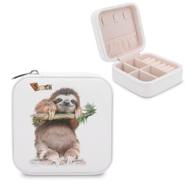 Cute Sloth On Tree Branches With Green Leaves Woman PU Leather Jewelry Box, Small Travel Display Storage Organizer Case Bag Holder for Rings, Earrings, Necklaces, Bracelets
