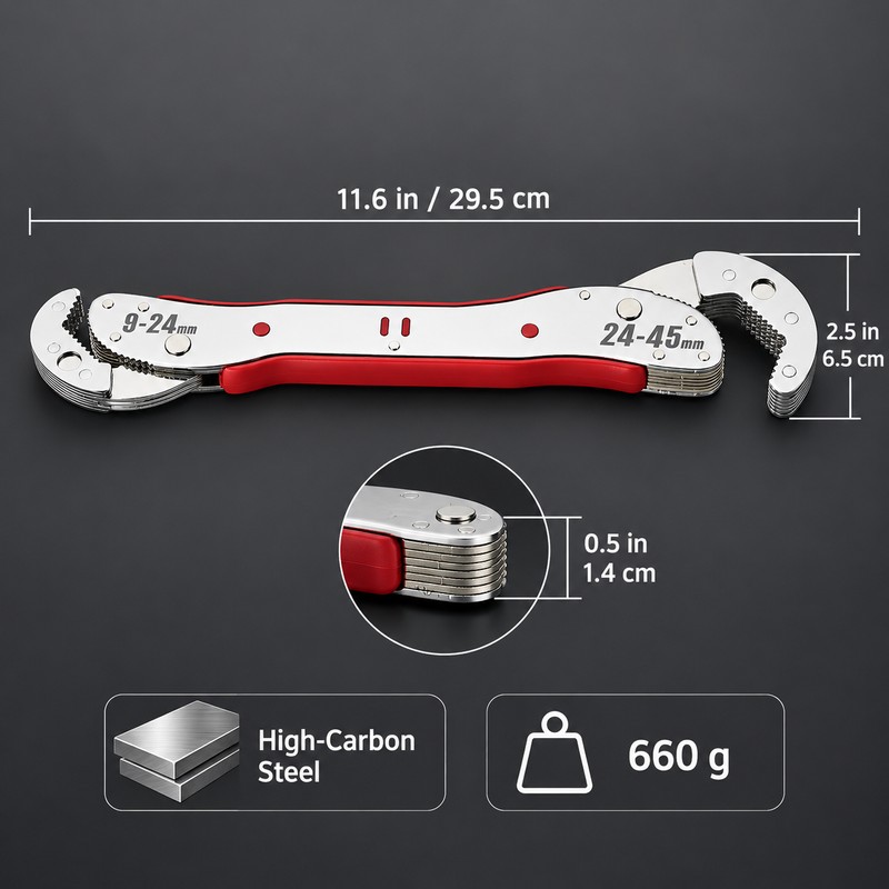 9-45mm Double-Ended Self-Adjusting Universal Wrench, High Carbon Steel Multi-Purpose Spanner