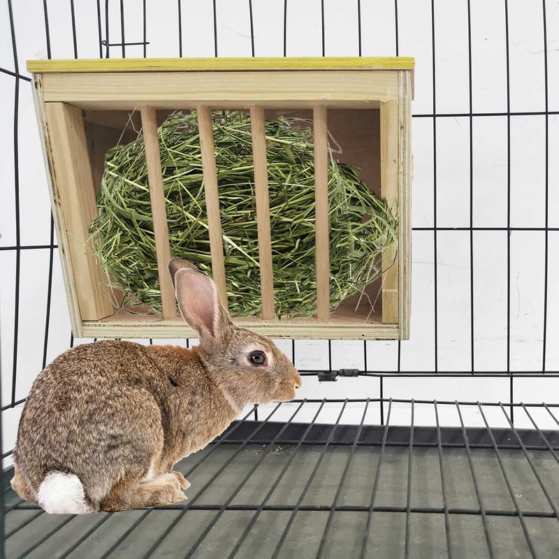 kathson Rabbit Hay Feeder Rack Wooden Food Feeding Manger Bunny