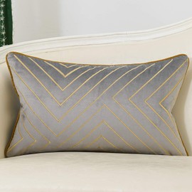 Avigers 12 x 20 Inch Grey Gold Striped Geometric Lines Embroidery Velvet Cushion Case Luxury Modern Lumbar Throw Pillow Cover Decorative Pillow for Couch Living Room Bedroom Car 30 x 50cm