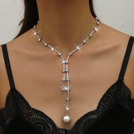 Iaceble Vintage Rhinestone Lariat Y Necklace Long Crystal Y Drop Necklace Sparkly Silver Cz Y Shape Necklace Rhinestone Pearl Statement Necklace Jewelry for Women