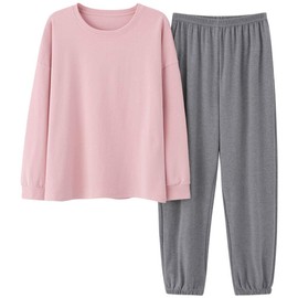 zuevi Women's Loungewear, Top and Bottom Set, Loose Pajamas, Long Sleeve, Cotton, Plain, For All Seasons