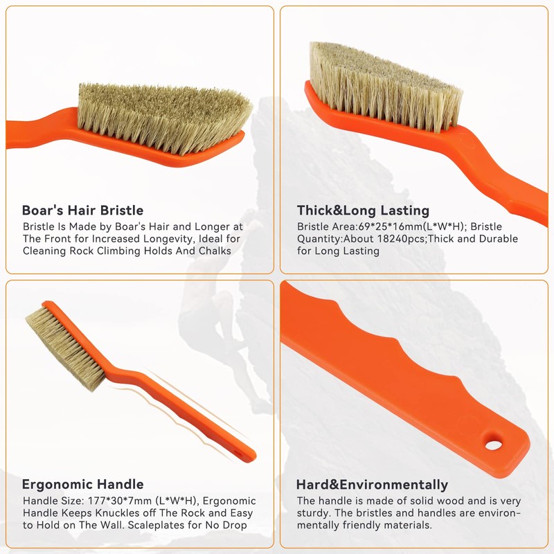 Boar Hair Rock Climbing Brush with Ergonomic Handle, Bouldering Boulder