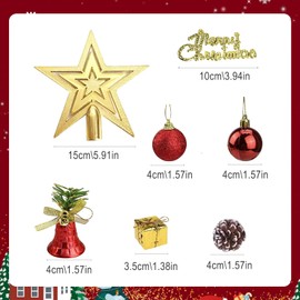 Set of 33 Mini Christmas Baubles, 4 cm Christmas Baubles Red Gold with Tree Topper and Merry Christmas Pendant, Small Christmas Tree Baubles, Plastic Christmas Tree, Pine Cones, Bells Tree Baubles