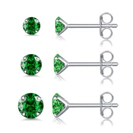 Silver Stud Earrings for Women - S925 Sterling Silver Cubic Zirconia Stud Earrings Set | Hypoallergenic Earring May Birthstone Emerald Wedding Birthday Chritsmas Jewellery Gift, Size: 3mm/4mm/5mm