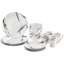 American Atelier Marble Black Coup Casual Round Porcelain Dinnerware Set-16 Piece Party Collection w/ 4 Dinner Salad Plates, 4 Bowls & 4 Mugs, 10.5", White