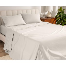 Bare Home 100% Organic Cotton Split King Sheet Set - Crisp Percale Weave - Lightweight & Breathable - Bedding Sheets & Pillowcases (Split King, French Beige)