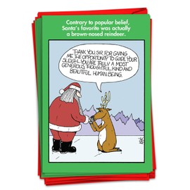 NobleWorks - 12 Cartoon Merry Christmas Cards Funny - Adult Happy Holiday Greetings, Boxed Notecards Bulk (1 Design, 12 Cards) - Brown-Nosed Reindeer B4355