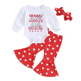 Qianderer My First Valentines Day Toddler Baby Girl Outfit Heart Print Long Sleeve Romper and Flare Pants Bow Headband Infant Clothes (Bb Red, 6-12 Months)
