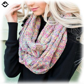 Funky Junque Women's Warm Cable Knit Infinity Scarf, Ribbed Round Circle Wrap, 4 Tone Mix (Yellow, Hot Pink, Turquoise, Pink)