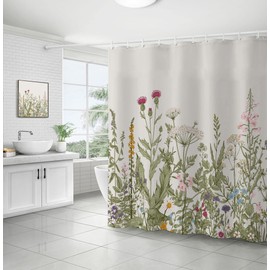 Floral Fabric Shower Curtain Vintage Painting,Waterproof Shower Curtain with Hooks,Flower and Green Leaves for Bathroom Accessories(180cm x 180cm)