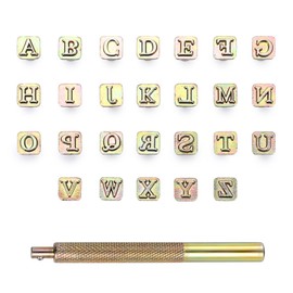 OwnMy 27PCS Leather Stamping Tools Kit Includes 26PCS 8mm Capital Letters Alphabet Stamps and 1 Steel Punch Handle, Metal Leathercarft Embossing Stamp Tools for Leather Art Crafts Marking/Working