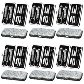 Geosar 12 Set 8 in 1 Manicure Set Stainless Steel Nail Clippers Kit Pedicure Care Tools with Leather Case Travel Grooming Kit Gift for Father's Day(Glitter Silver)