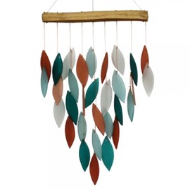 Blue Handworks Coral and Teal Waterfall Glass and Driftwood Chime, Sandblasted Glass and Found Wood Handcrafted Wind Chime