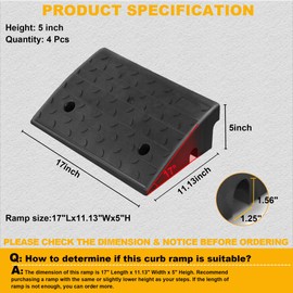 Ellumin Rubber Curb Ramp 5" Rise 4 Pack, Heavy-Duty Threshold Ramps for Driveway Curb Ramp, Car, Motorycle, Loading Dock, Truck, Pickup Truck(17" L x 11" W x 5" H, 4 Pack)