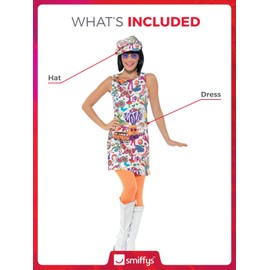 Smiffys 60's Groovy Chick Costume, Multi-Coloured with Dress & Hat, 1960's Groovy Fancy Dress, 1960s Dress Up Costumes