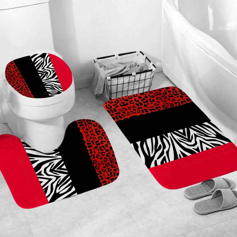 Onalasyc 4Pcs Red Cheetah Shower Curtain,Shower Curtain Sets with Rugs