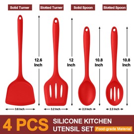 P&P CHEF Red Kitchen Utensil Set, 4 Pieces Non-stick Silicone Cooking Utensils, Heat-resistant Slotted Solid Spoons Turners for Frying, Mixing, Serving, Healthy & Sturdy