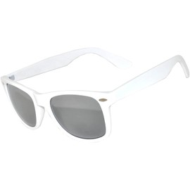 1 Pair Mirrored Reflective Silver Lens Sunglasses White Matte Frame Horn Rimmed Style