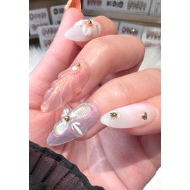 Handmade Press On Nails impress Fake Nails Medium Almond 3D Sea Shell Summer Cute beach nails Butterfly Finger Manicure glue False press ons Nail Artificial (S size)