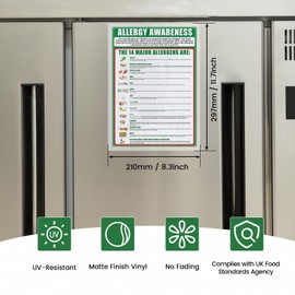 Food Allergy Awareness Sign, 14 Regulated Allergens, 400g Laminated Poster for Oil and Waterproof, Essential Allergen Information Poster for UK Food Businesses (A4, 297x210mm)