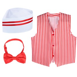 Kyson 1950s Waiter Costume Kit Vintage Carnival Circus Outfit Soda Jerk Ice Cream Hot Dog Man Costume With Hat Vest Bowtie (Set A)