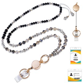 Beaded Lanyard with Card Holder, Neck Lanyard with Retractable Reel Waterproof Clear ID Badge Holder for Teachers, Nurses, Cruise & Office