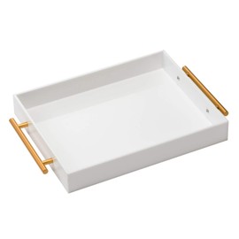 Glossy White Acrylic Lucite Serving Tray with Metal Handles,No Need to Assemble,11x14 Inch,Decorative Storage Organizer with Spill-Proof Design,Serving for Coffee,Breakfast,Dinner and More
