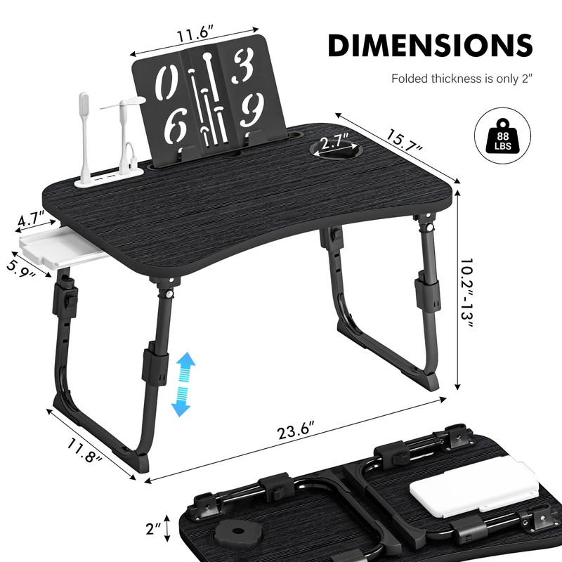 Lap Desk for Bed Adjustable Height, Foldable Bed Table with