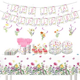 126 Pcs Wildflower Birthday Party Supplies, Include Plates, Napkins, Knife and Fork, Tablecloth, Paper Cups, Caketoppers, Banners, Spirals for Spring Floral Birthday Party Decorations