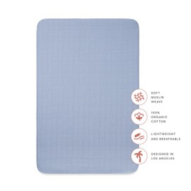 Babyletto 100% Organic Cotton Mini Crib Sheet, GOTS-Certified, Fitted 360°, Ultra-Soft and Breathable Muslin - Dewdrop Blue