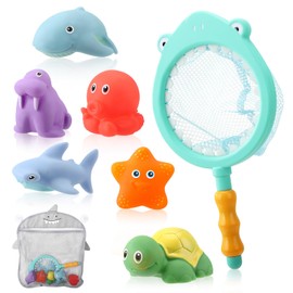 8 PCS Bath Toys for Kids 3+ Years, No Hole No Mold Color Changing Sea Animal Toys with Storage Mesh Bag, Shark Fishing Net Swimming Pool Toys for Boys Girls