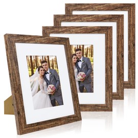 Hongkee 8x10 Picture Frame Set of 4, Made of Real Glass and Rustic Brown Wooden Frame, 8 by 10 Photo for Wall or Tabletop - Display Picture 5x7 with Mat or 8x10 Without Mat
