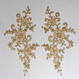 4 X Corded Embroidery Floral Lace Applique Wedding Motif Sew On Size: 25 cm x 12 cm :#39A (Metallic Light Gold/Champagne)