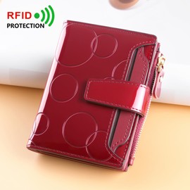 Noble and elegant women's leather wallet, sequins, detachable ID card holder, short three fold style, zipper and snap closure, RFID shielding to protect credit cards, foldable wallet (Wine Red)
