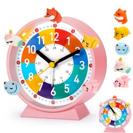 PIXESTT Children's Alarm Clock, Children's Alarm Clock for Back to School, No Ticking Noise, with Night Light and Snooze Function, with 5 Alarm Clock Decoration, Suitable for Learning, Sleep Wake Up A