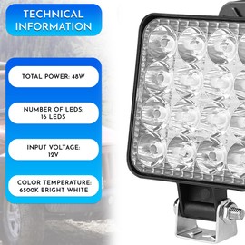 Didarenba LED Work Light 12 V 24 V 2 Pieces Aluminium ABS48W 16 LED 6500K 10.5 cm 4.21 Inch LED Headlight