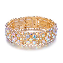 EVER FAITH Women's Round Austrian Crystal Elegant Bridal Stretch Bracelet Iridescent Clear AB Gold-Tone