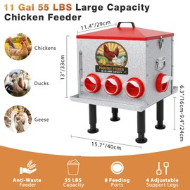 55LB Large Capacity Automatic Chicken Feeder with Window, 8 Feeding Ports Galvanized Steel No-Waste Raised Chicken Feeder with Lid & Height Adjustable Stand, Automatic Gravity Fed for Hens, Roosters