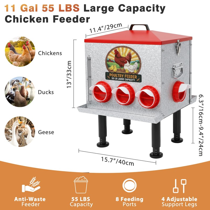 55LB Large Capacity Automatic Chicken Feeder with Window, 8 Feeding