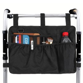 Walker Bag Basket with Cup Holder Suit for Adult Folding Walkers Rollator Organizer Carry Storage Pouch Water-Resistant Armrest Accessories for Seniors, Elderly, Handicap (black)