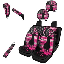 FKELYI Deer Universal Fit Car Seat Covers Full Set Pink American Flag Car Front and Back Seat Covers Gear Shift Cover Handbrake Cover Cup Coasters Headrest Covers Keychain Holder