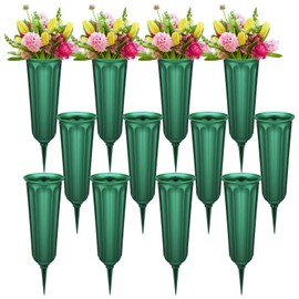 kymqlyw 12 Pcs Plastic Cemetery Vases with Spikes Memorial Flower Vase Cemetery Grave Flower Holder Ground Vases with Stakes for Artificial Fresh Flowers Lawn Headstone Graveside Decoration (Green)