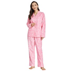 TONY AND CANDICE Women's 100% Cotton Long Sleeve Flannel Pajama Set Sleepwear (Medium, Pink with White Paisleys)