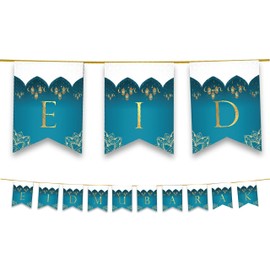 Al-Muallim Books Happy Eid Mubarak Party Flags Buntings 2019 - 10 Flags - Eid Decorations Kids Ramadan (Teal)