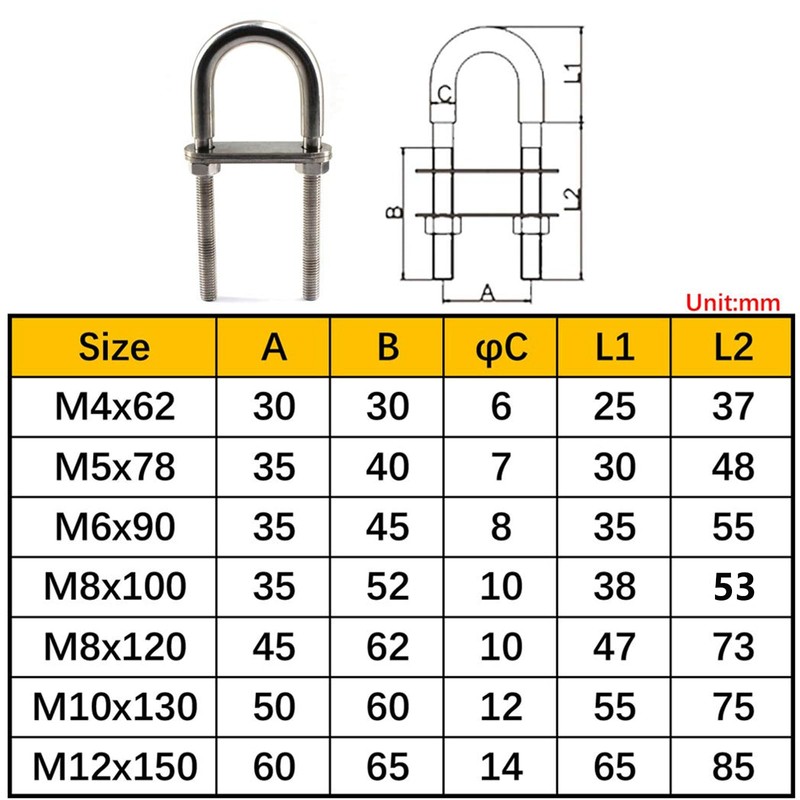 M10 x 130 U-Bolt 304 Stainless Steel U Bolt (Pack