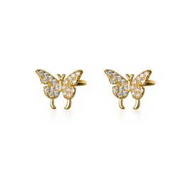 Dainty Butterfly Ear Cuffs Stud Earrings 925 Sterling Silver for Women Fashion Crystal CZ Non Piercing Clip On Cartilage Studs Earring Wraps Wedding Jewelry Gifts Hypoallergenic (Gold Cuffs)