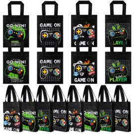 Ferraycle 24 Pack Video Game Themed Gift Bags Video Game Party Favors Non Woven Reusable Goody Treat Bags with Handles Game Themed Birthday Party Supplies for Kids Boys, 4 Styles (Black)