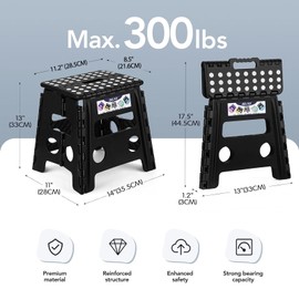 Delxo Folding Step Stool, 13 inch Non-Slip Foldable Stools for Kids & Adults Up to 300 LBS, Step Stool with Handle, Lightweight for Kitchen, Bathroom, Bedroom, Garden, Black, 1PC