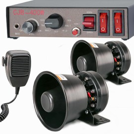 BooYu 12V 400W 9 Tones Police Warning Emergency Siren PA System [Black Steel Speaker][125-135dB][Handheld Microphone][2 x 10A Switches] for Firefighter Ambulance Vehicles Truck SUV ATV UTV